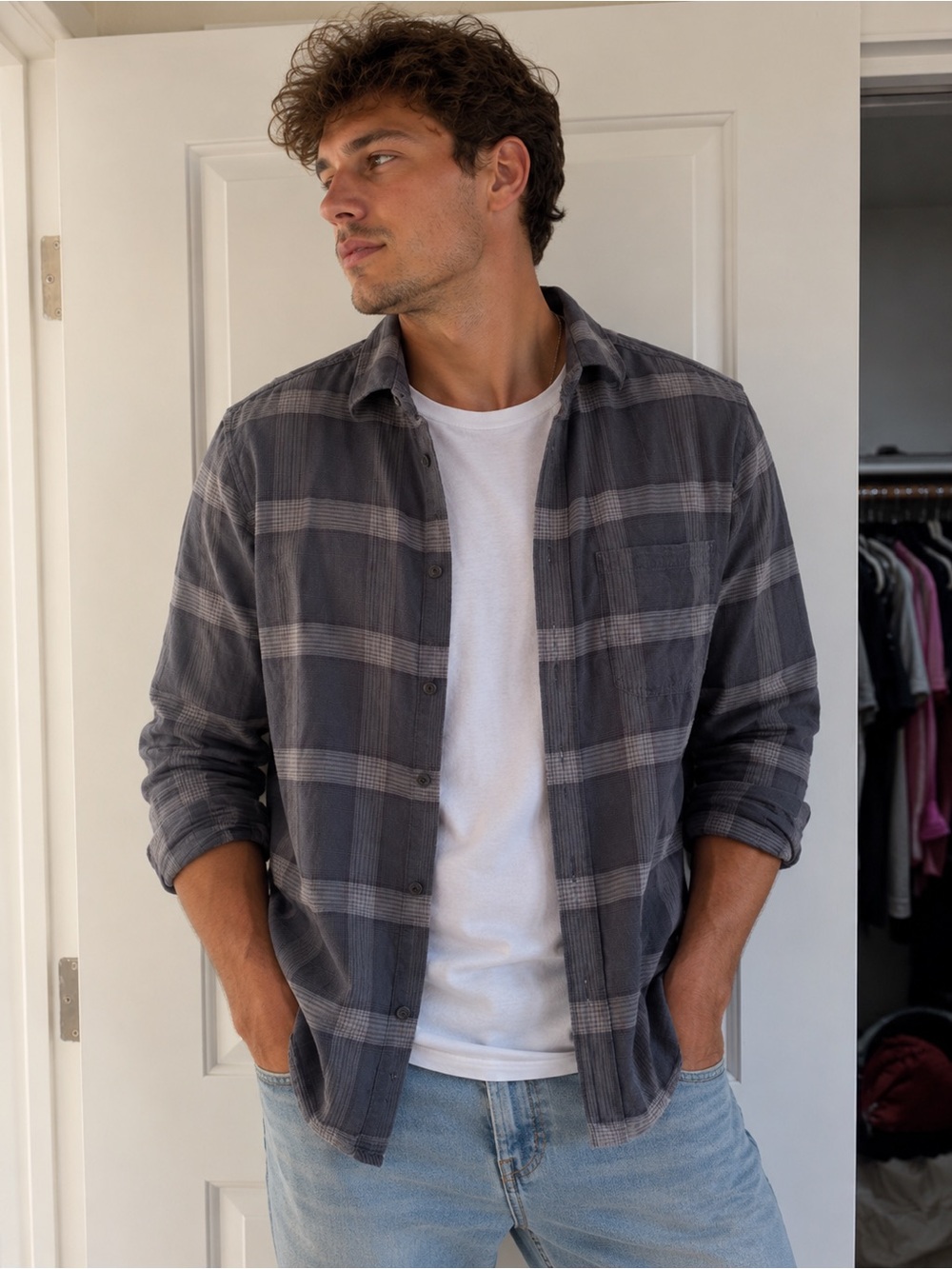Billy Reid Gray Plaid Lightweight Flannel